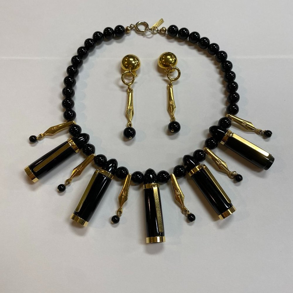 Vintage MOSCHINO Ballpoint Pen Charm Novelty Necklace & Earrings Set